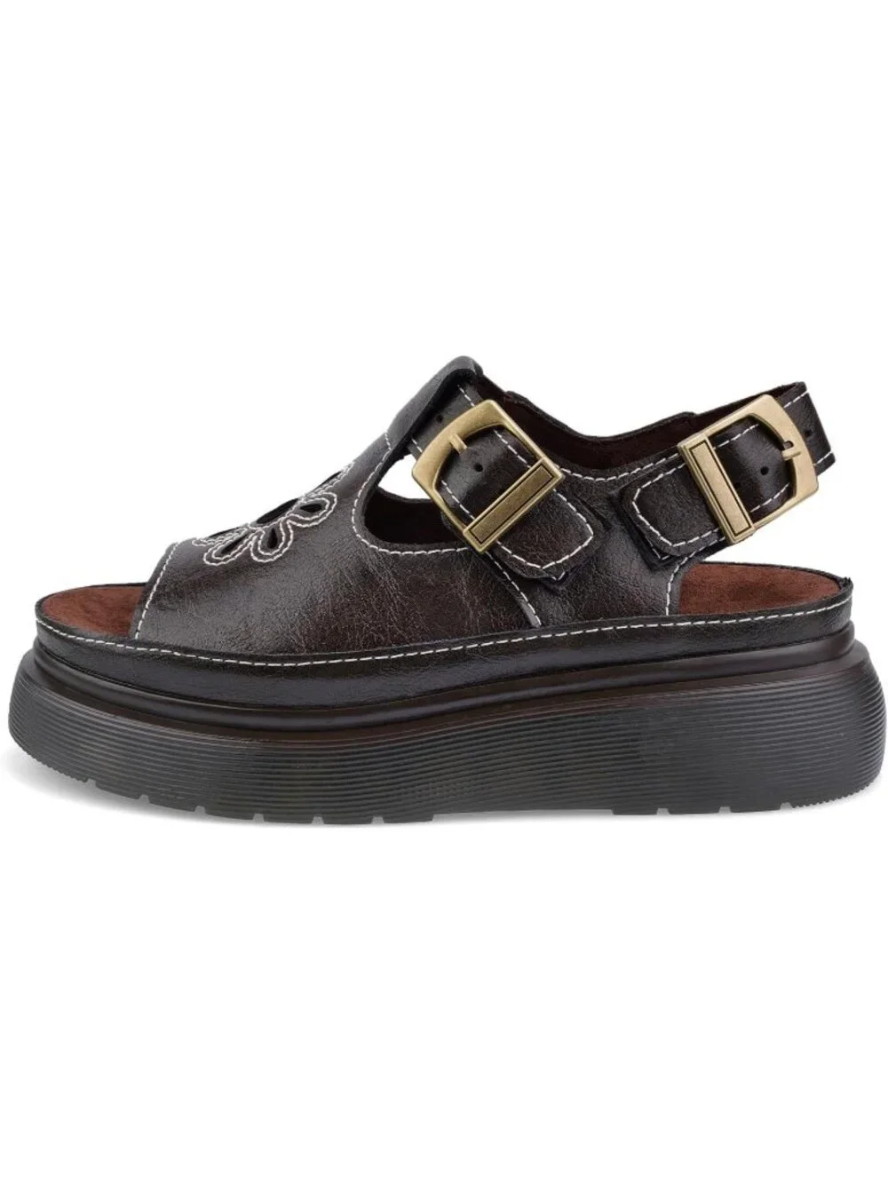 Women's Brown Flat Open Toe Flower Decoration Fisherman Platform Sandal Shoes